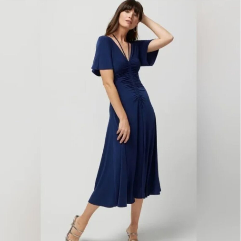 White House Black Market Deep Blue Short-Sleeve Ruched Front Midi Dress